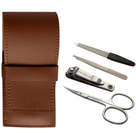 4-Piece Genuine Leather Men's Manicure Set with Nail Clipper - Tenartis Made in Italy (Brown)