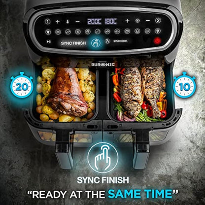 Duronic AF34 BK Triple Drawer 10L Digital Air Fryer with Visual Window, Dual Zone, 10-in-1 Large Drawer AirFryer for Family, Uses No Oil, Air Fry, Roast, Bake, Dishwasher Safe Non-Stick Baskets, Black