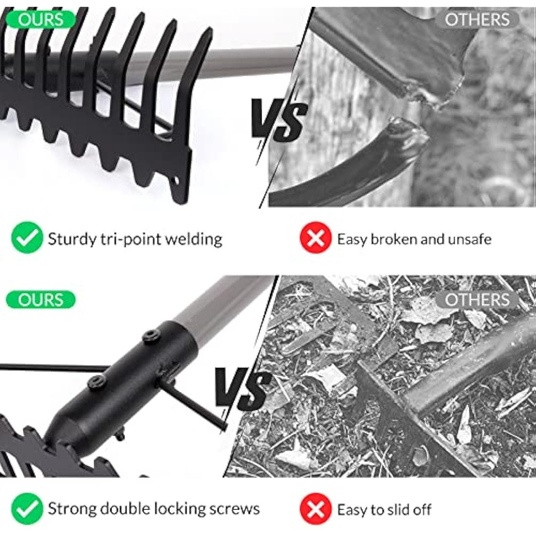 Walensee 165cm/5.4FT Heavy Duty Garden Rake with Stainless Steel Handle, 17 Steel Tines Metal Dual-Head Garden Rake Tool, for Loosening Soil Gathering Leaf Leveling Lawn Farming Land Yard Thatch Rake