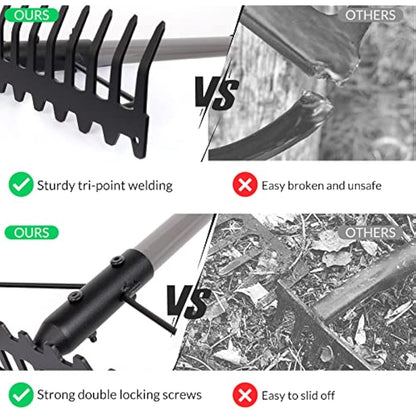 Walensee 165cm/5.4FT Heavy Duty Garden Rake with Stainless Steel Handle, 17 Steel Tines Metal Dual-Head Garden Rake Tool, for Loosening Soil Gathering Leaf Leveling Lawn Farming Land Yard Thatch Rake