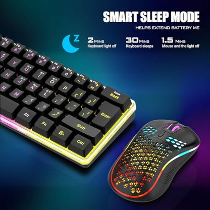 RedThunder K62 Wireless 60% RGB Gaming Keyboard and Mouse Combo, UK Layout 62 Keys Ultra Compact Backlit Mini Keyboard, Lightweight Cellular Optical Mouse, Portable Set for PC PS5 Xbox Gamers (Black)
