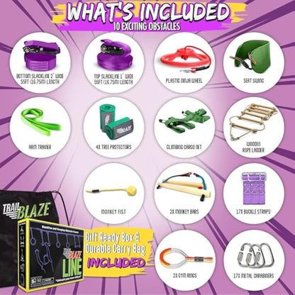 Ninja Warrior Obstacle Course for Kids Workout Equipment, 2 x 55ft Slacklines with 10 Weatherproof & Durable Obstacles - Cargo Net, Rope Ladder & More - Ninja Course for Kids Outside