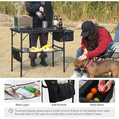 REDCAMP Folding Portable Grill Table with Sink for Outside, Lightweight Aluminum Metal Grill Stand Picnic Table for Camping Cooking BBQ RV Picnic, 2 Heights Adjustable,Black 36"x20"