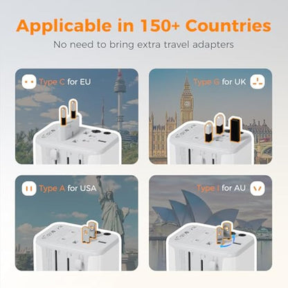 TESSAN Universal Travel Adapter 28W, Worldwide Plug Adaptor with 2 USB A and 3 USB C Ports, International Travel Adapter for EU, UK, USA, AU, Power Socket Charger for Multi Countries, Grey White