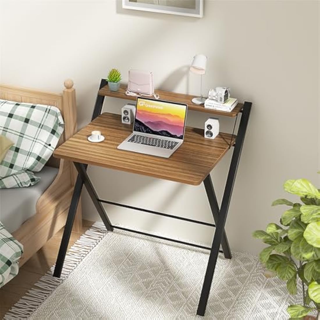 GreenForest Foldable Desk No Assembly Required,Small Desk with Monitor Shelf,Computer Desk for Small Space,Espresso