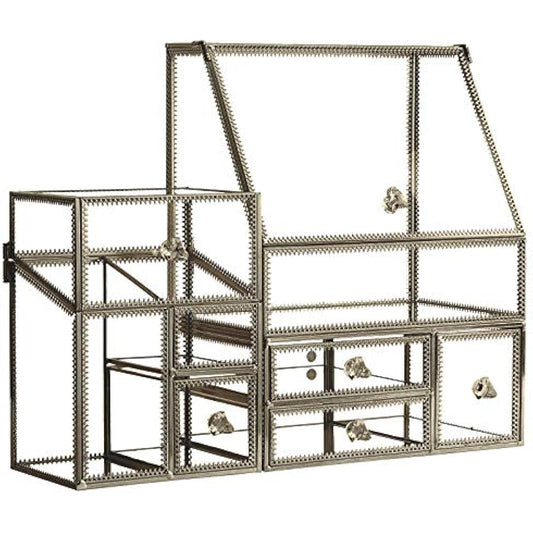 Hersoo Glass Antique Brass Stackable Drawer Set Makeup Organizer for Vanity Antique Countertop Vanity Cosmetic Storage Box Mirror Glass Beauty Display