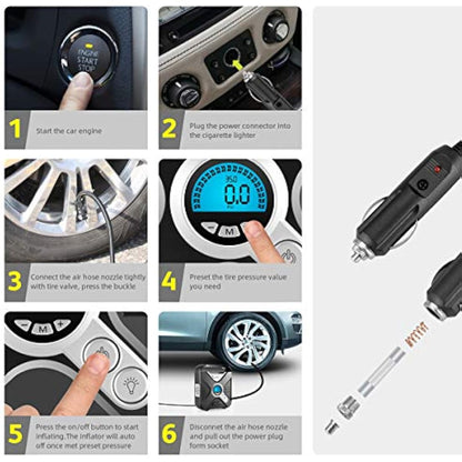WindGallop Car Tyre Inflator Air Compressor Tyre Pump 12V Electric Car Air Pump for Car Tyres Bike Tyres with Digital Tyre Pressure Gauge and Inflator Valve Adaptors LED Light