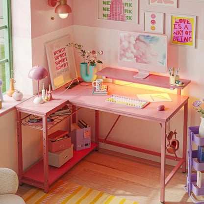 Bestier 106.5CM L-Shaped Desk with Power Outlets & LED Lights, Reversible Corner Desk with Shelves & Hooks for Home Office, Bedroom & Small Spaces