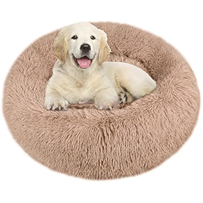 Comfy Calming Dog Beds Medium Washable,Anti Anxiety Donut Ped Bed,Luxury Warm Fluffy Improved Sleep Amazingly Cat Bed Cuddler,Anti-Slip Bottom Round Puppy Bed for Small Medium Cat Dog（L,Beige Brown）