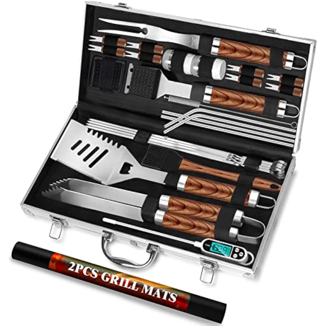 ROMANTICIST 29pcs BBQ Grill Tool Set for Men Dad, Heavy Duty Stainless Steel Grill Utensils Set, Non-Slip Grilling Accessories Kit with Thermometer, Mats in Aluminum Case for Travel, Outdoor Brown