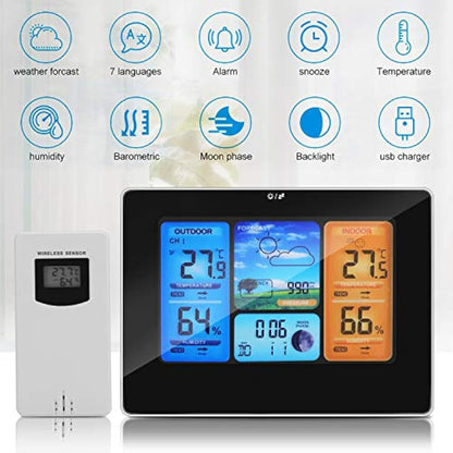 Powcan Weather Stations Wireless Indoor Outdoor with Alert and Temperature/Humidity/Barometric/Forecast/Moon Phase/Alarm Clock, LCD Digital Weather Station with Outdoor Sensor for Home Office (Black)