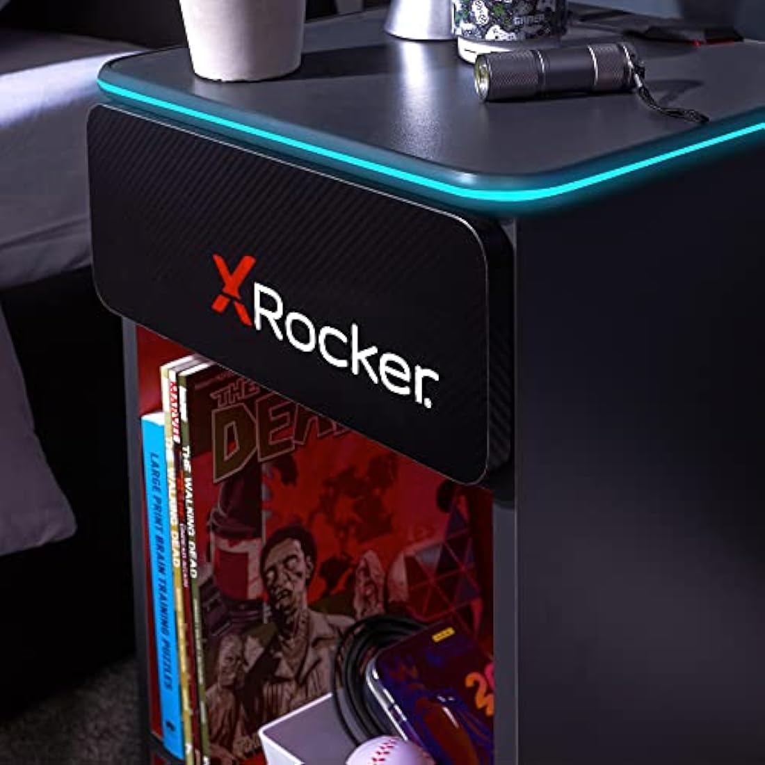 X-Rocker Carbon-Tek Gaming Bedside Table Unit with Built-in Wireless Charging and Ambient RGB Lighting, Gaming Bedroom Furniture Side Cabinet End Table with Drawer and Storage Shelf - GREY/RED