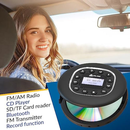 KLIM Journey - Portable CD Player with Long-Lasting Battery - New - with Headphones - Radio FM - Compatible MP3 CD Player Portable - SD Card, FM Transmitter, Bluetooth - Ideal for Cars - Black