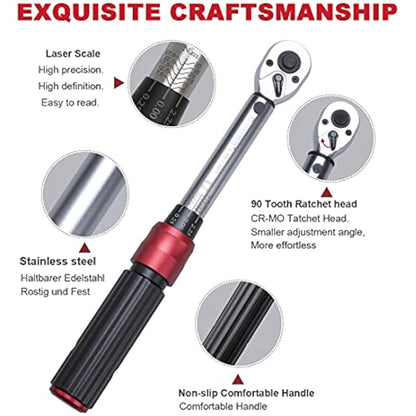 FOURROBBER Torque Wrench 1/4-inch Drive Click Dual-Direction Adjustable 90-Tooth Torque Wrench 5-30Nm,Accuracy ± 3%