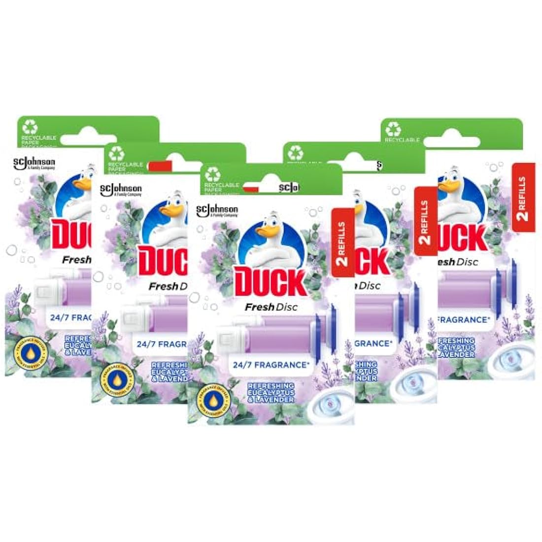 Duck Fresh Discs Toilet Cleaner Refill Twin Pack, Fights Stains That Harbour Germs, Prevents Limescale Build Up, Eucalyptus & Lavender, Pack of 5 (Total of 10 Refill Tubes)