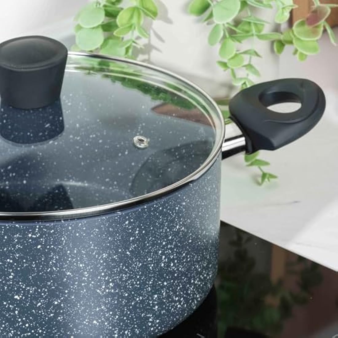 Russell Hobbs RH00849EU Stockpot With Lid - Non-Stick 24cm Induction Suitable Cooking Pot, Pressed Aluminium, PFOA-Free, Soft-Touch Handles, For Stews/Soups, Nightfall Stone Collection, Blue Marble