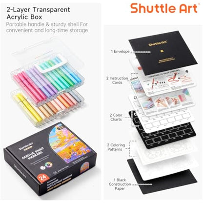 Shuttle Art Automatic Ink Control Acrylic Paint Pens, 24 Pastel Colours Brush Tip Paint Marker Pens, Paint Pen for Rock Painting Ceramic, Wood, Glass, Stone, Art Marker Pen Set for DIY Art Supplies