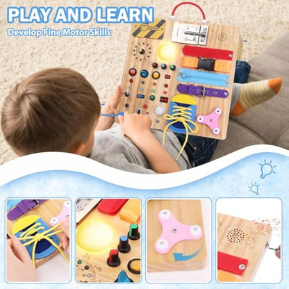 Konijiwa 23 in 1 Toddler Toys Montessori Busy Board for 1 2 3 Year old Boys Girls Wooden Toys with With 15 Switches, 26 LED Lights Switch, Music boxes, zippers Sensory Learning Toys
