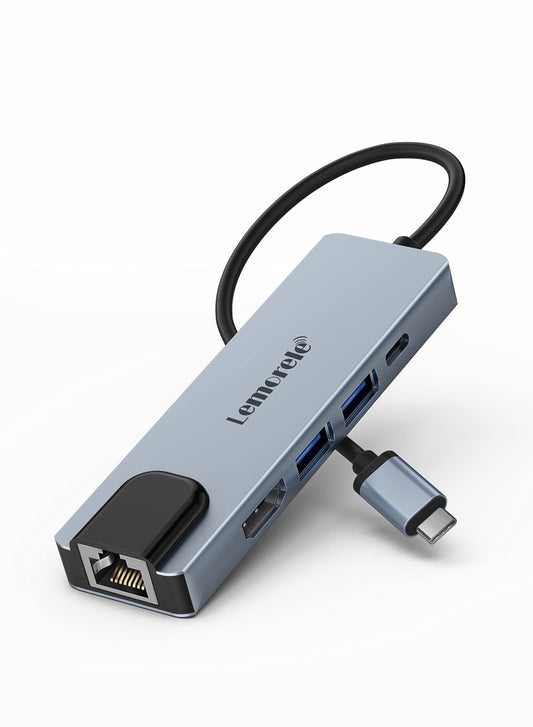 Lemorele 6-in-1 USB C Hub with 4K HDMI, Ethernet, 2 USB Ports, 100W PD Charging for MacBook Pro/Air M1, iPad Pro M1, Switch, Chromecast, PS4