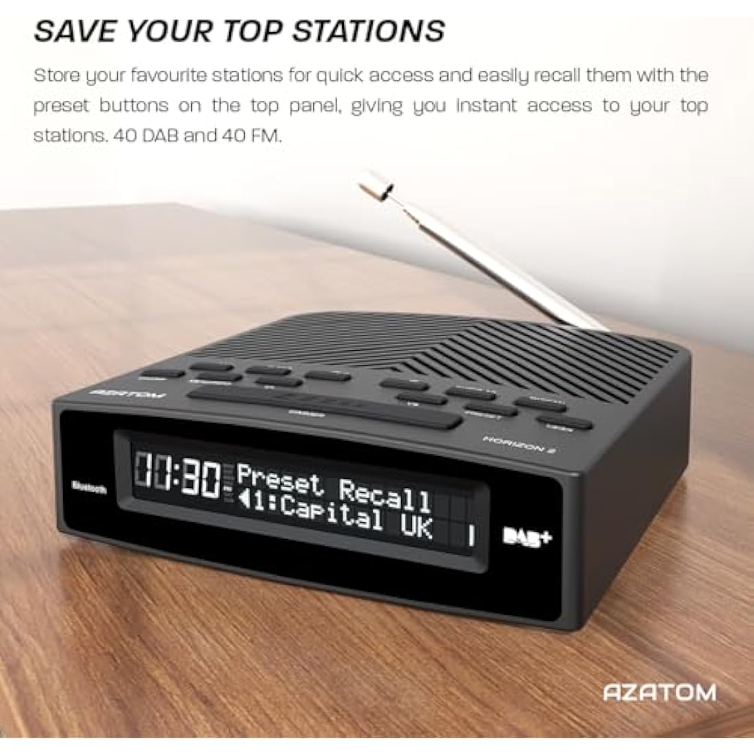AZATOM Horizon 2 Black DAB+ & FM Radio, Dual Alarm Clock, Bluetooth, USB Mobile Charger, Mains & Battery Powered, Headphone Aux Input