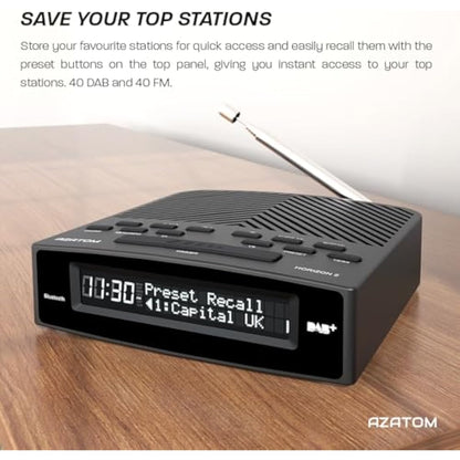 AZATOM Horizon 2 Black DAB+ & FM Radio, Dual Alarm Clock, Bluetooth, USB Mobile Charger, Mains & Battery Powered, Headphone Aux Input