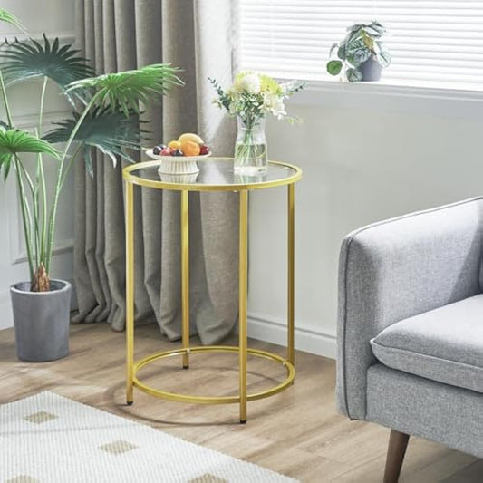 YMYNY Round Side Table, 2 Tier Accent Table, Tempered Glass End Table, Small Coffee Table, Sofa Table, Bedside Table, Modern Style, for Living Room, Bedroom, Balcony 50×50×65CM Gold HGD020G