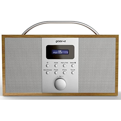 Groov-e Boston Wooden DAB & FM Digital Radio - Built-In Alarm Clock, Dynamic Range Control & Bluetooth Connectivity - LCD Display - Mains or Battery Operated - Portable Radio - 40 Preset Stations
