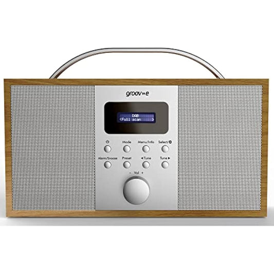 Groov-e Boston Wooden DAB & FM Digital Radio - Built-In Alarm Clock, Dynamic Range Control & Bluetooth Connectivity - LCD Display - Mains or Battery Operated - Portable Radio - 40 Preset Stations