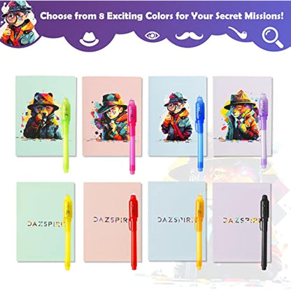 DazSpirit 16 Packs Invisible Ink Pens and Notebooks - Detective Theme, UV Light Spy Pens Party Bag Fillers for Boys and Girls, Magic Secret Message Pens for Detective Parties, Treasure Hunt