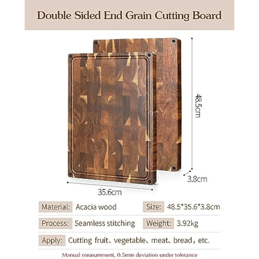 XINZUO Large Thick End Grain Acacia Wood Cutting Board- (19''L x 14''W x 1.5''T) Reversible Wooden Chopping Board with Non-Slip Feet, Built-in Handles and Juice Groove- Butcher Block Cutting Board