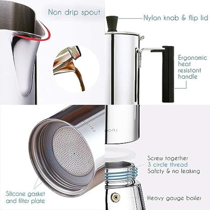 Easyworkz Pedro Stovetop Espresso Maker 6Cup 300ml Stainless Steel Italian Coffee Machine Maker Induction Moka Pot