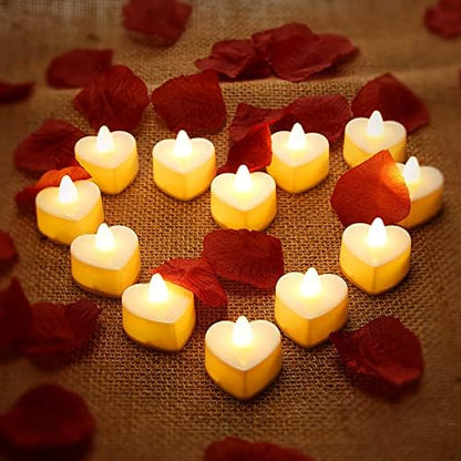 Mudder 12 Pcs Heart Shape LED Tealight Candles Love LED Candles with 200 Pieces Silk Rose Petals Scatter Artificial Petals for Valentine's Day Wedding Table Party Decor(Yellow Light, Dark Red Petal)