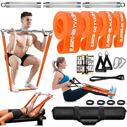 DASKING Resistance Bands Set with 98cm Detachable Exercise Bar, 4 Different Level Pull Up Bands - Fitness Workout Bars Kit for Strength Training, Pilates, Yoga - Home Gym Sports System Equipment