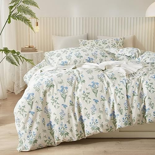Ruccit White Floral Duvet Cover Set King 100% Cotton Duvet Cover King Size Bed 3pcs Garden Blue Green Chic Flower Bedding Set with Zipper Closure