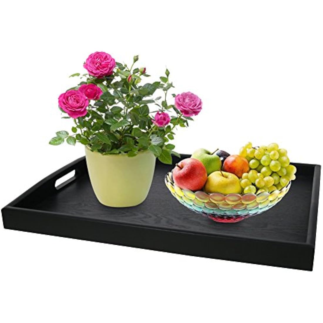 Wooden Serving Tray Large Black Wood Rectangle Food Breakfast Tray With Handles (Large)