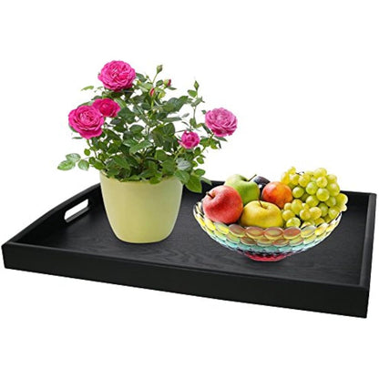 Wooden Serving Tray Large Black Wood Rectangle Food Breakfast Tray With Handles (Large)