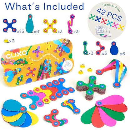 Clixo Rainbow 42 Piece Pack - Flexible, Durable, Imagination-Boosting Magnetic Building Toy- Modern, Modular Designs for Hours of STEM Play. A Multi-Sensory Magnet Toy, Travel Friendly. Ages 4-99