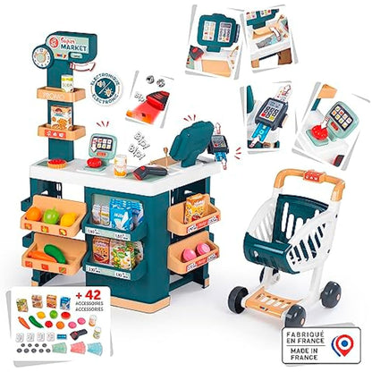 Smoby - Supermarket, Children's Shopping Trolley Included, Mechanical Scale, Electronic Functions and 42 Accessories for a full shopping experience, Suitable for kids aged 3 years and over