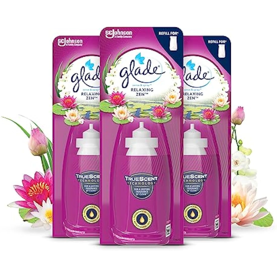 Glade Sense & Spray Air Freshener Refill, Motion Activated Automatic Room Spray and Odour Eliminator for Home, Relaxing Zen, Pack of 3 (3 x 18ml)