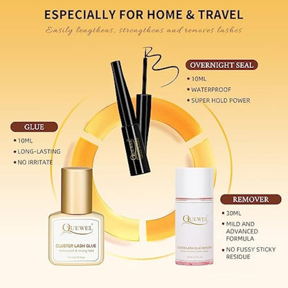 Individual Lashes 480 Cluster Lashes QUEWEL DIY Lash Extensions Kit, Eyelashes Applicator, Lash Cluster Glue Remover, Long-lasting Lash Glue and Overnightseal for Beginner to Apply(Mega D MIX)
