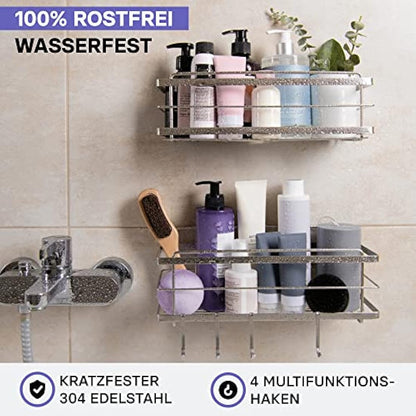 KINCMAX Shower Caddy Basket Shelf Pack of 2 - Adhesive Drill Free Kitchen or Bathroom Organiser Rack - Shower Storage Shelves - Shower Organiser w/Hooks for Accessories