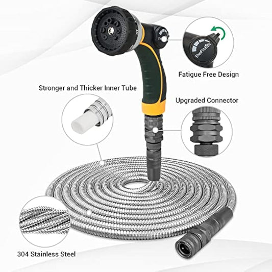 TheFitLife Metal Garden Hose Pipe - Flexible Stainless Steel Water Hose with Solid Fittings and Sprayer Nozzle - Leak Proof Kink Free, Anti-Rust, Large Diameter, Durable and Easy Storage (22m)