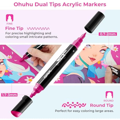 Ohuhu Acrylic Paint Pens 30 Colours, Dual Tip(3mm & 0.7mm) Acrylic Paint Markers - Waterproof Lightfast High Opacity Permanent Multimarker for stones Painting Wood Glass Ceramic Easter Eggs Pumpkin