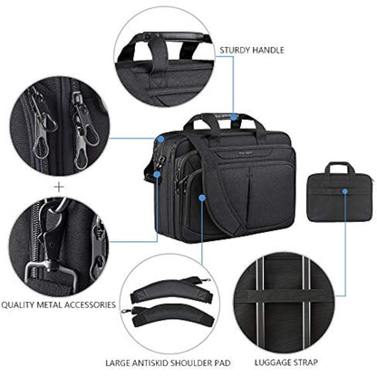 KROSER Laptop Bag Expandable Lightweight Briefcase for 17.3" Laptop Premium Business Work Bag Water-Repellent Messenger Bag with RFID Pockets for School/Travel/Women/Men-Black
