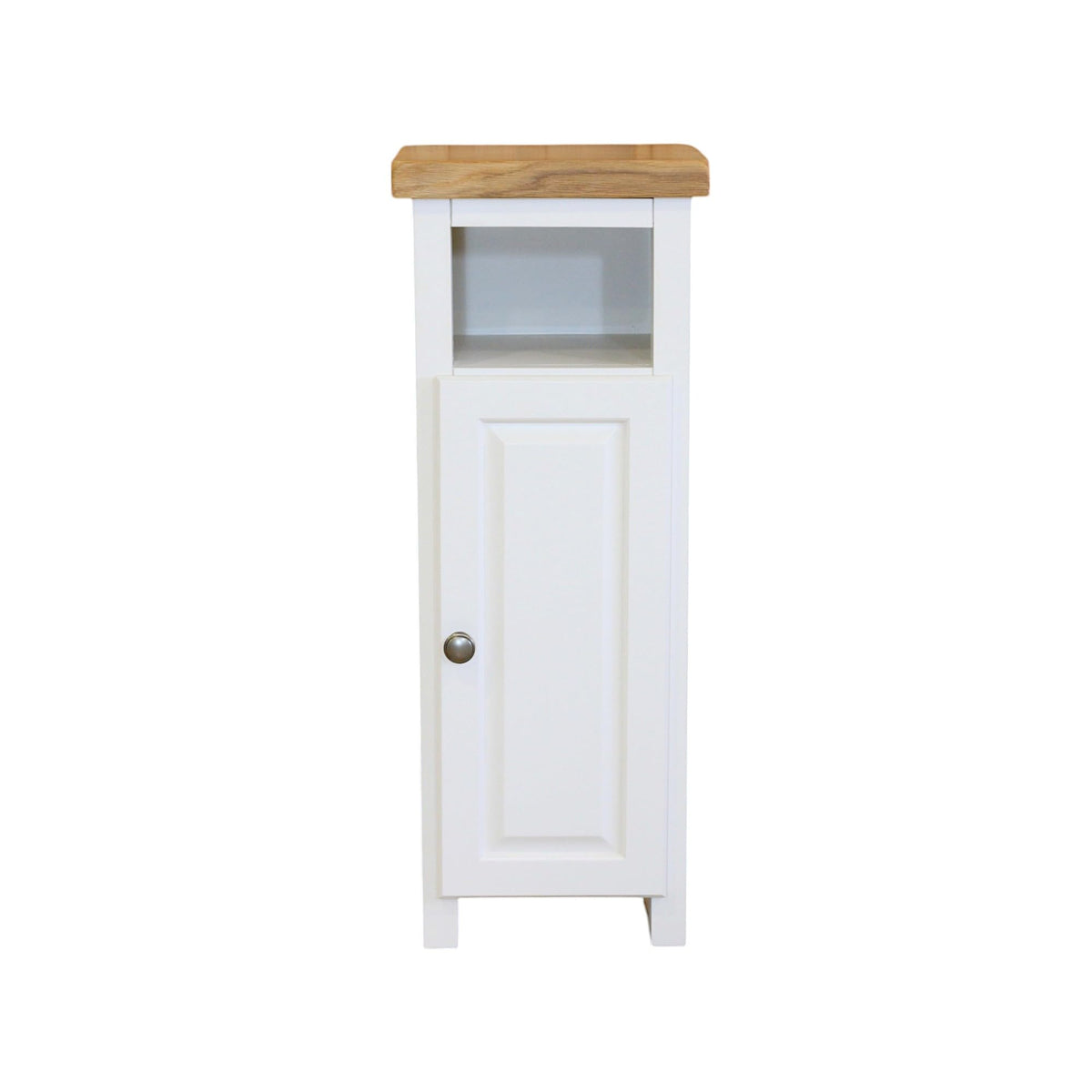 GROF Slim Display Cabinet, Snow White Painted Storage Unit with Oak Top, Narrow Side Table for Living Room and Hallway, W33 x D30 x H80 cm