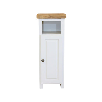 GROF Slim Display Cabinet, Snow White Painted Storage Unit with Oak Top, Narrow Side Table for Living Room and Hallway, W33 x D30 x H80 cm