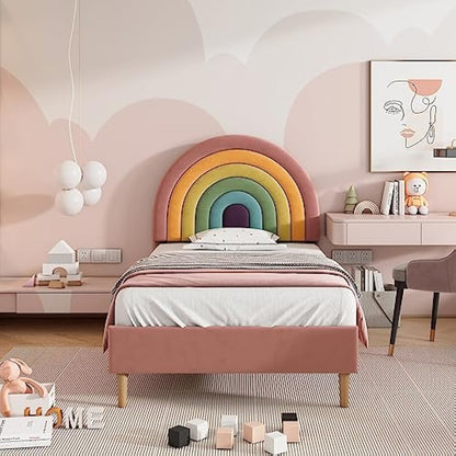 BTM Upholstered Bed 90 * 190cm, Velvet Single Bed Frame with Slatted Frame and Height-adjustable Headboard for Teenagers and Kids, Wooden Slat Support, No Mattress