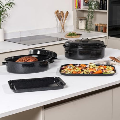 Salter BW12811EU7 Self-Basting Roaster – 38cm Vitreous Enamel Coated Steel Roasting Tin With Lid, Oval Dish, PFAS-Free, Dishwasher Safe, Oven Safe to 230°C, Easy Clean, Roast Meat/Vegetables, Black