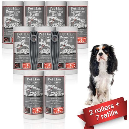 CARASELLE Pet Hair Remover Roller packed with Refills - 7.5 metres of Super Adhesive sheets - Picks up Lint, Hair & Debris! Multi-Purpose Dog Cat Hair Lint Roller (pack of 2 rollers + 7 refills)