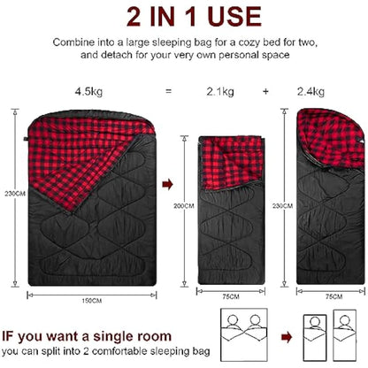 Mcota Cotton flannel double sleeping bags for Winter, waterproof queen size sleeping bag for 2 person cold weather camping, backpacking or traveling, double wide sleeping bags for family or couples